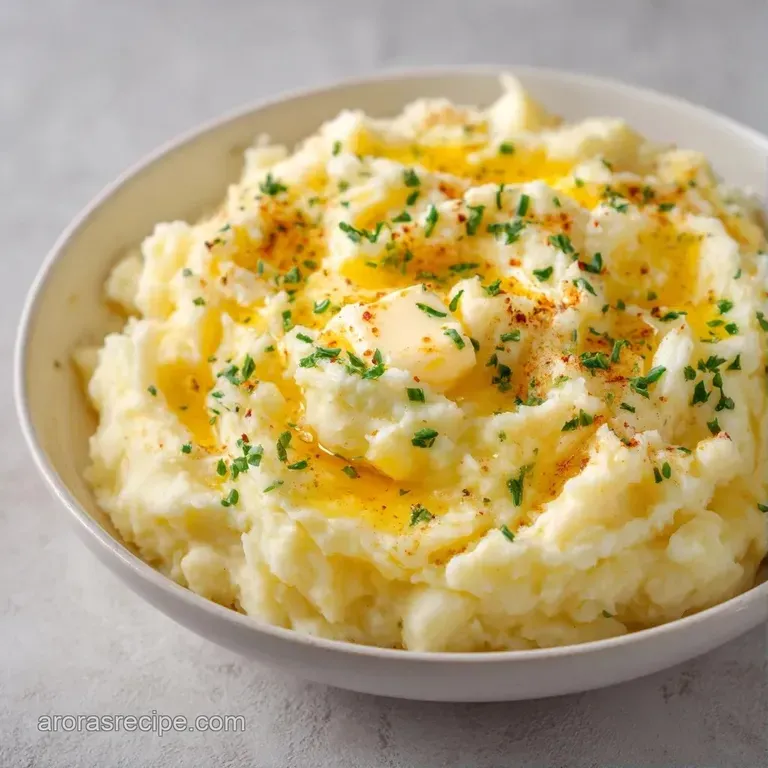 A smooth, whipped potato swirl on a white ceramic plate topped with a sprig of parsley and a drizzle of olive oil.