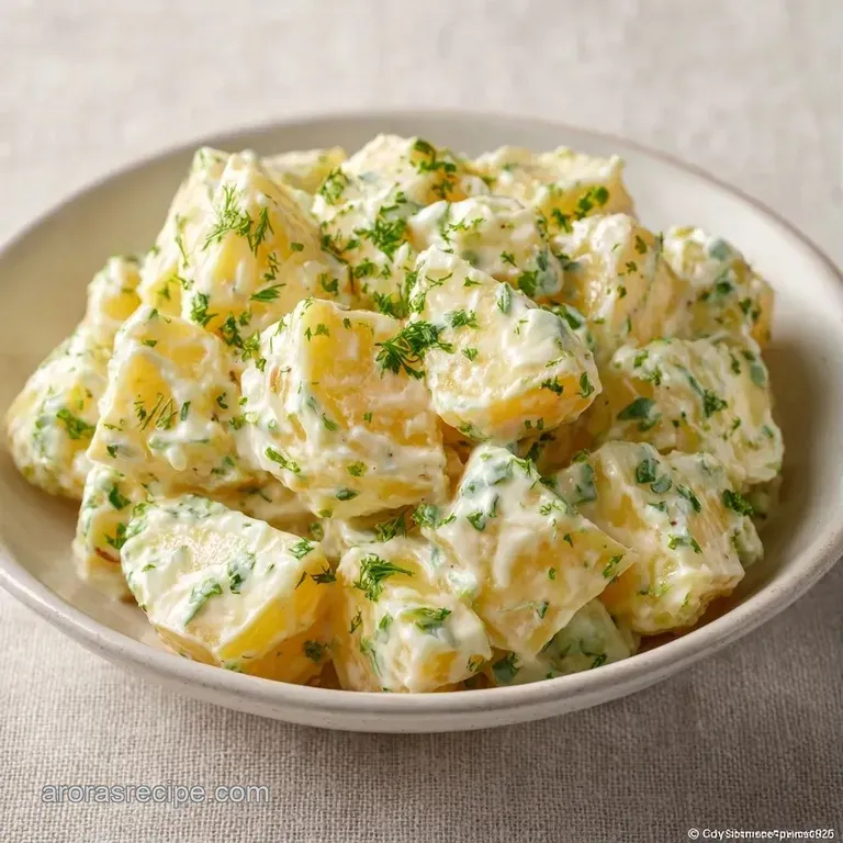 A chilled porcelain bowl filled with creamy potato salad, garnished with smoked bacon crumbles and sliced green onion.