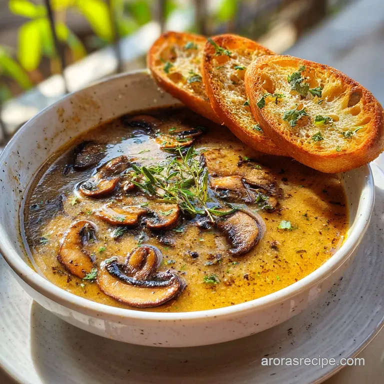 Creamy mushroom soup served in a rustic bowl, garnished with fresh thyme and roasted garlic cloves on a wooden board.