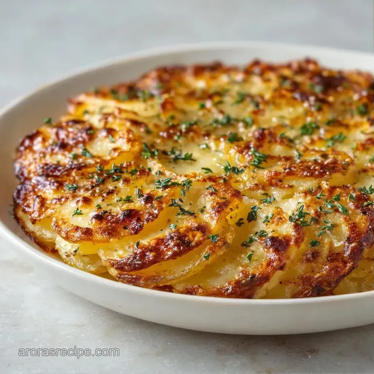Elegant slice of creamy layered potatoes with a crisp cheese top on a white ceramic plate, garnished with parsley.