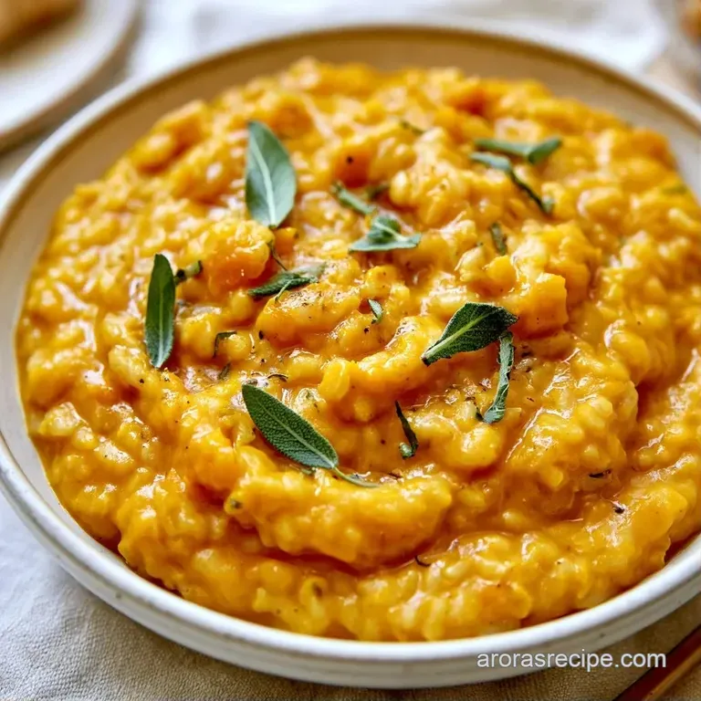 Elegant plate of velvety orange rice garnished with fried sage leaves and a swirl of melted brown butter.