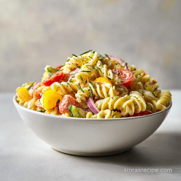 A vibrant mound of rotini pasta salad, flecked with red pepper and green herbs, artfully arranged on a white plate.