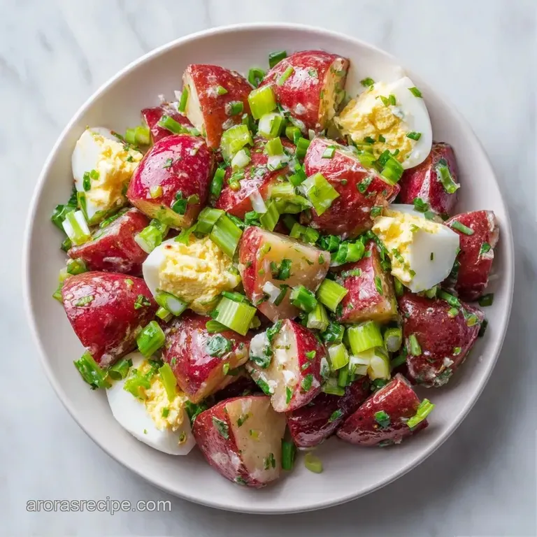 A white ceramic bowl filled with cubed red potatoes and sliced eggs, topped with fresh parsley and cracked pepper.