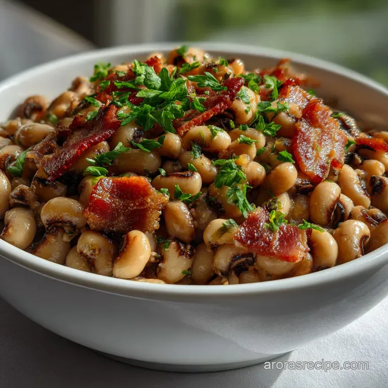 Creamy black-eyed peas artfully spooned beside crispy bacon crumbles on a white plate. Fresh herbs add a touch of color an...