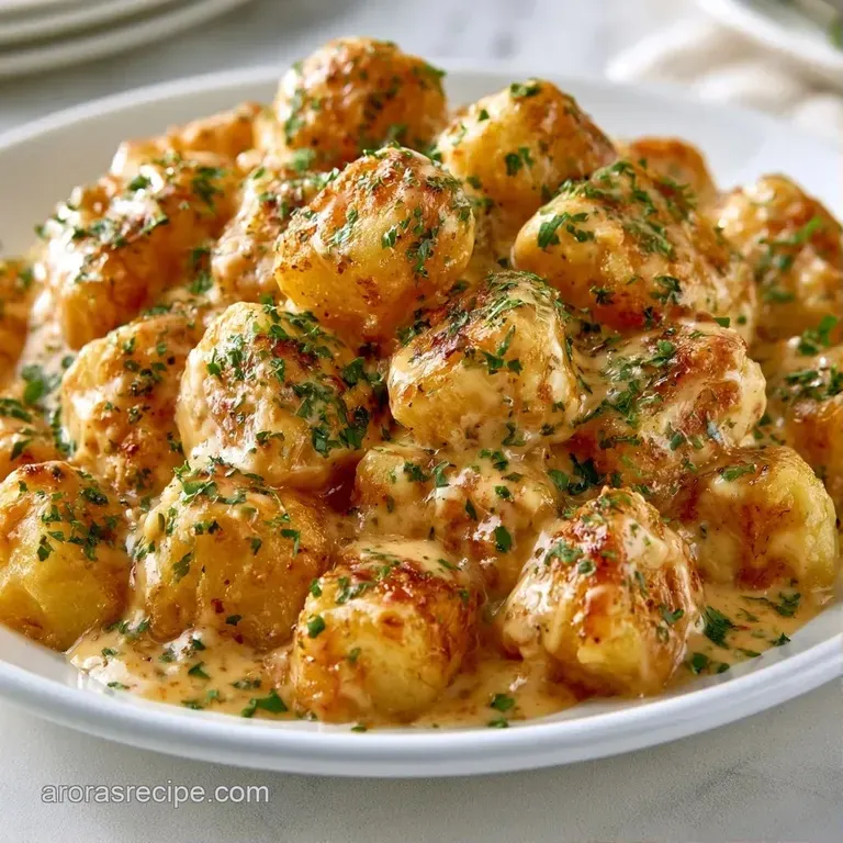 A rustic white bowl filled with buttery gold potatoes in a thick cream sauce, garnished with chopped green chives.