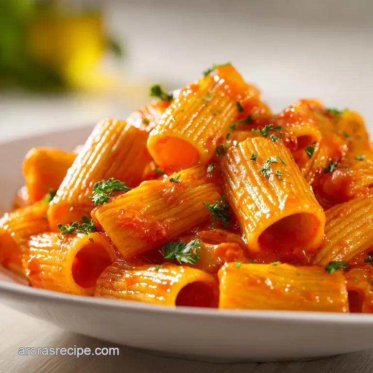 Elegant plating of tubular pasta in a rich red cream sauce, accented by a basil leaf and a dusting of parmesan.