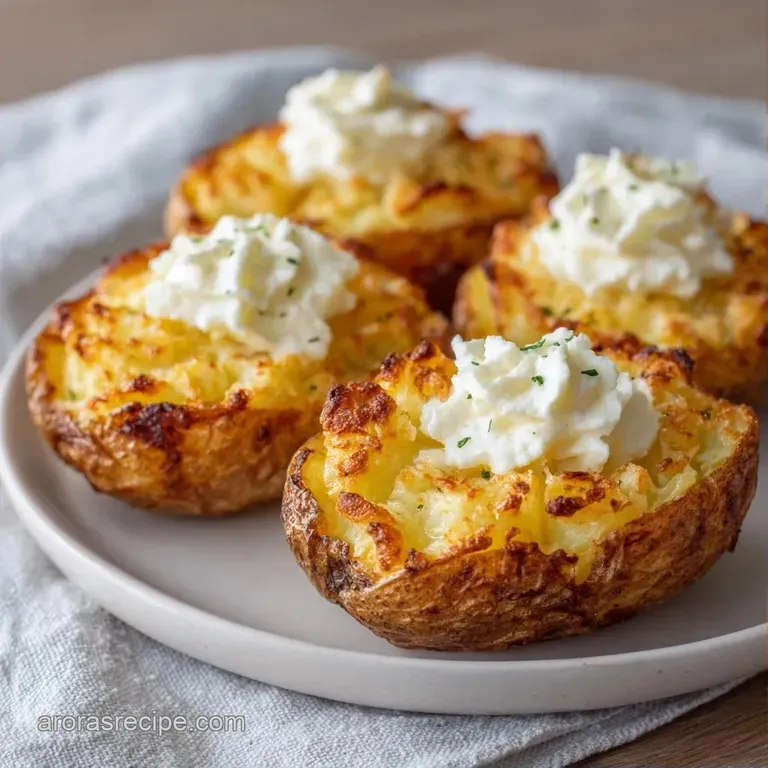 Crispy potato skins filled with creamy mash, topped with melted cheese and herbs on a rustic wooden serving tray.