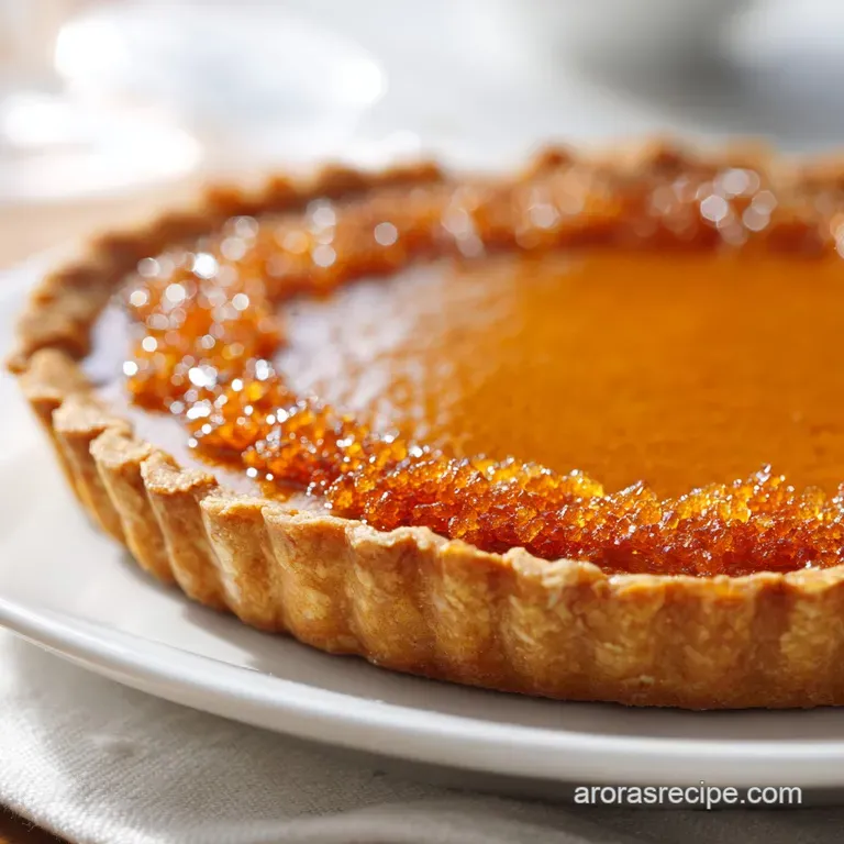 A slice of orange custard tart with a glassy sugar crust on a white plate, garnished with a fresh mint leaf.