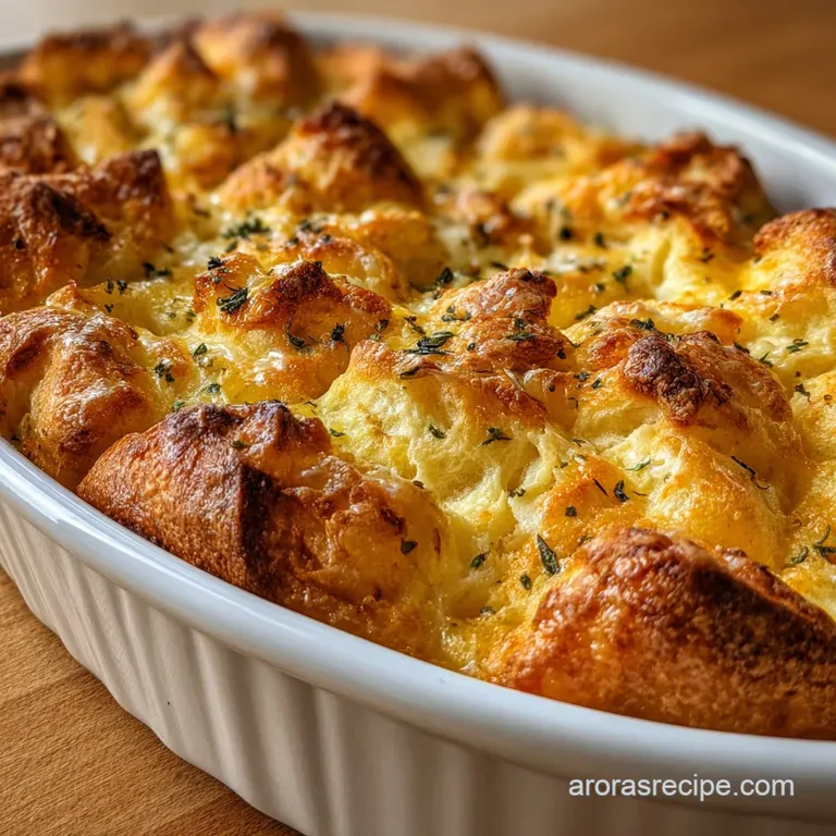 Slice of breakfast casserole on a plate; flaky, golden pastry with a savory filling. A comforting and visually appealing s...