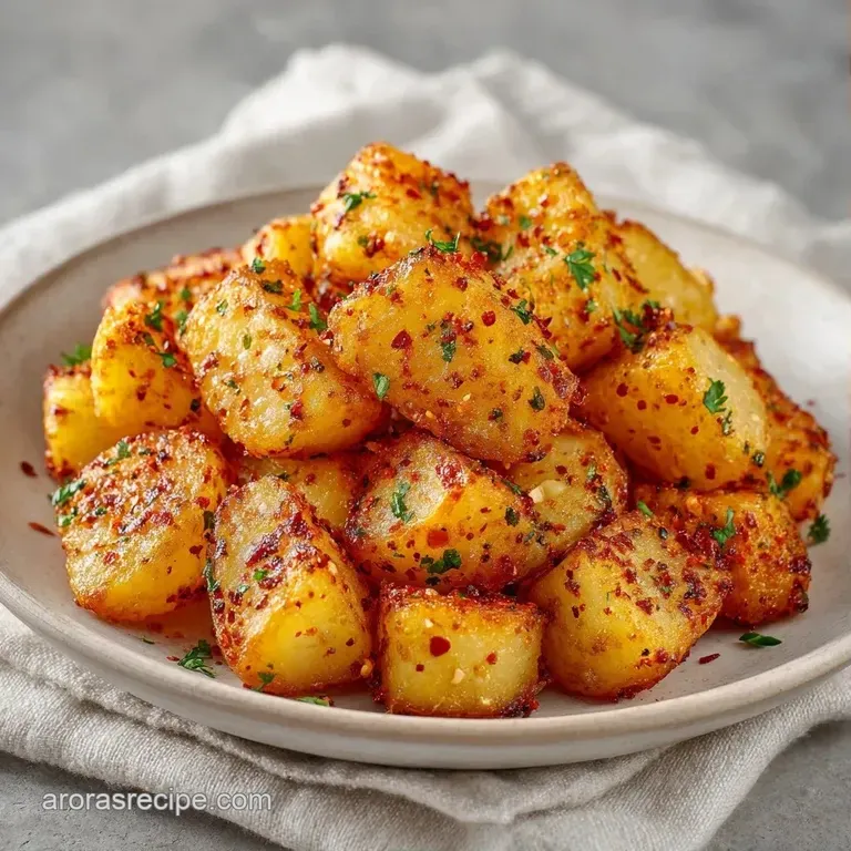 Toasted golden potato cubes garnished with fresh chopped parsley on a matte black plate next to a small dip bowl.