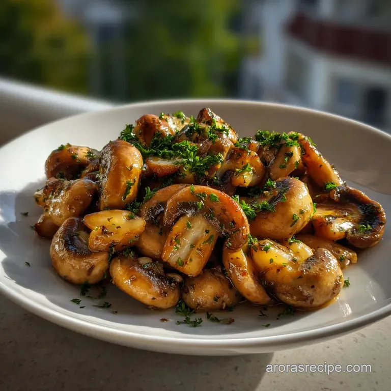 Crisp, caramelized beech mushrooms elegantly plated on a white ceramic dish, garnished with fresh herbs, showcasing contra...