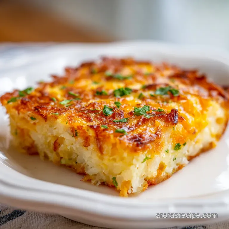 A generous slice of hash brown and egg casserole on a white plate, steam rising, inviting and delicious with fresh garnish.
