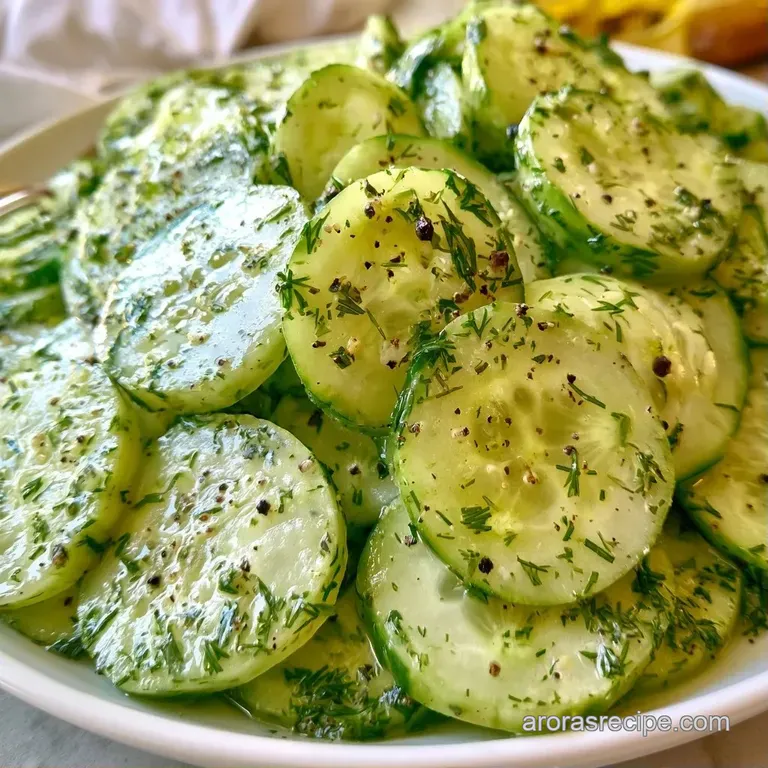 Crisp cucumber rounds arranged on a white ceramic platter with sprigs of fresh dill and scattered black peppercorns.