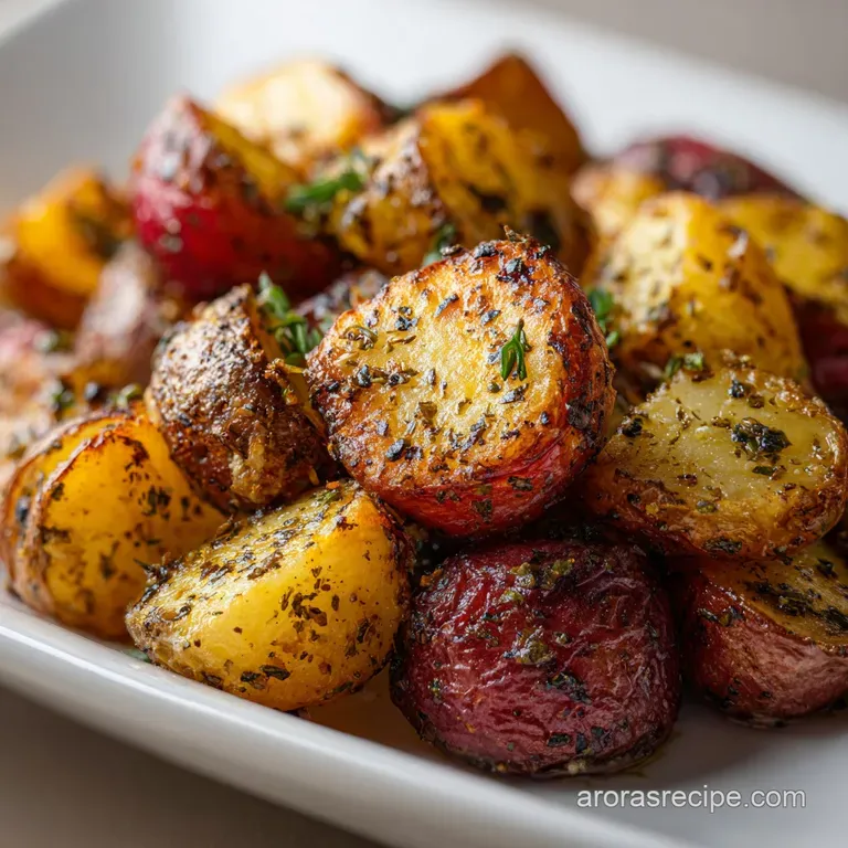 Elegant serving of roasted red potatoes, glistening with oil, artfully arranged on a white plate, garnished with fresh ros...