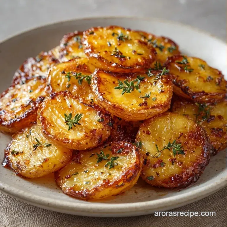 Symmetrically stacked golden potato rounds on a white ceramic plate, garnished with fresh herbs and melted butter.