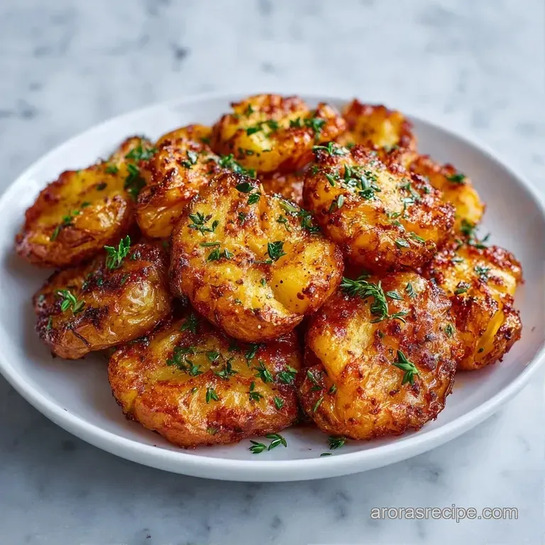 Golden roasted potato rounds piled on a ceramic plate, garnished with chopped herbs and a drizzle of olive oil.