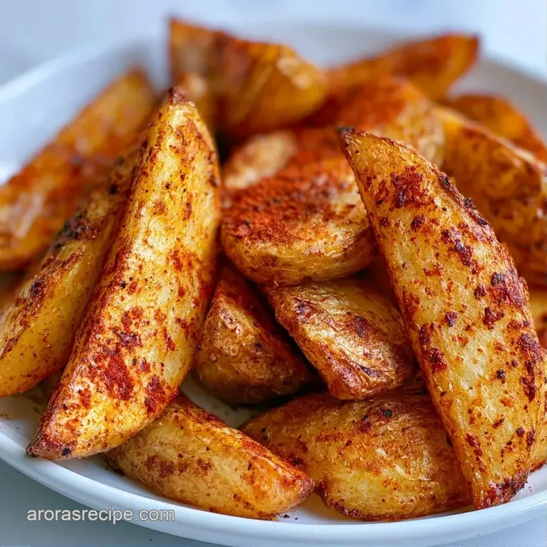 Crispy seasoned potato slices piled high next to a bowl of creamy white dipping sauce and fresh green parsley.