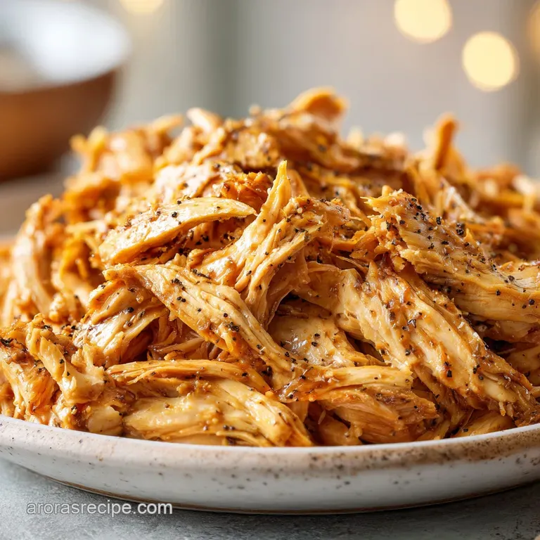 Neatly plated tender shredded chicken with a sprig of fresh parsley on a white plate beside steamed white rice.