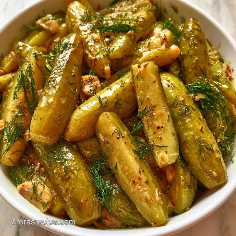 Bright green pickle spears arranged on a white ceramic platter with garlic slivers and a sprig of fresh dill.