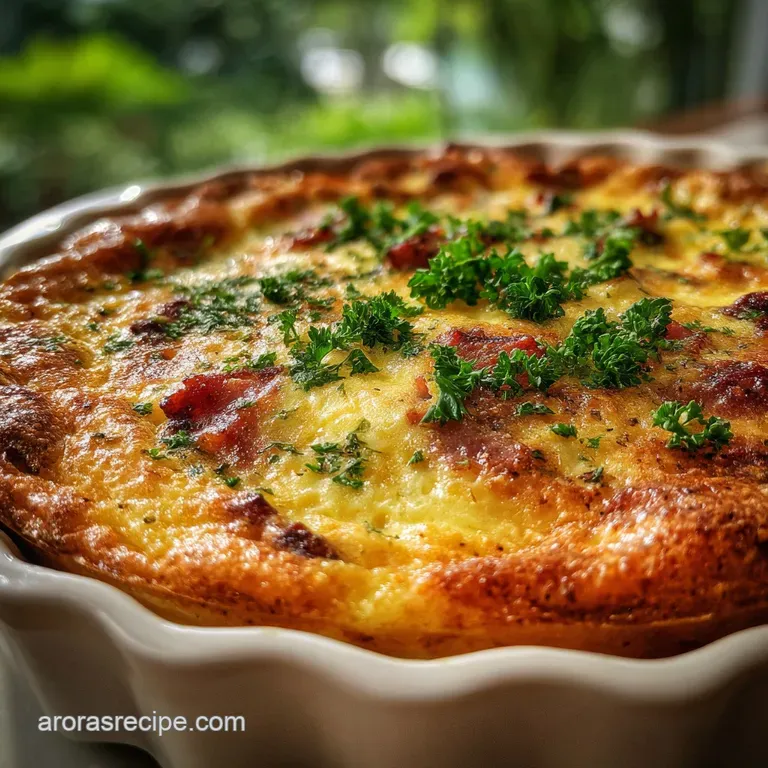 A wedge of crustless quiche on a white plate; a delicate parsley sprig adds freshness against the custard's golden hue. So...