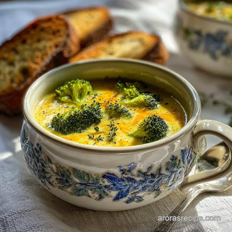 Steaming bowl of broccoli cheddar soup, garnished with vibrant broccoli, herbs, and a swirl of creamy, dairy-free drizzle.