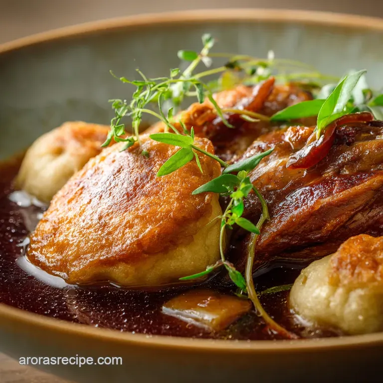 Duck and Dumpling: Classic Braised Stew with Fluffy Herb Drop Dumplings presentation
