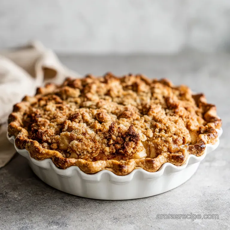 Wedge of warm apple pie with oat crumble, plated with a scoop of melting vanilla ice cream, glistening with rich apple jui...