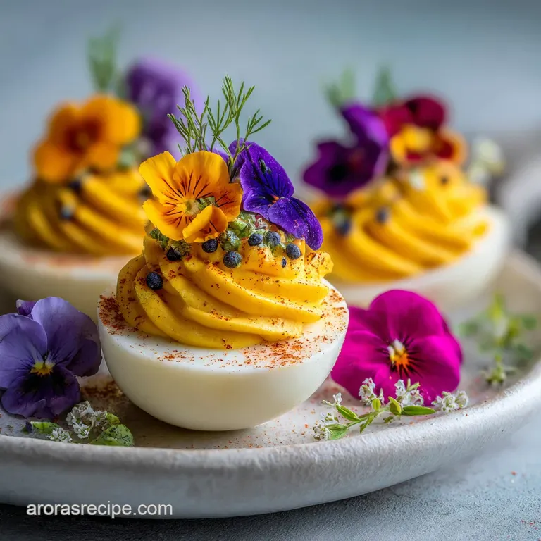 Elegant deviled eggs with vibrant yellow yolks topped with fresh dill, artfully arranged on a white serving plate.