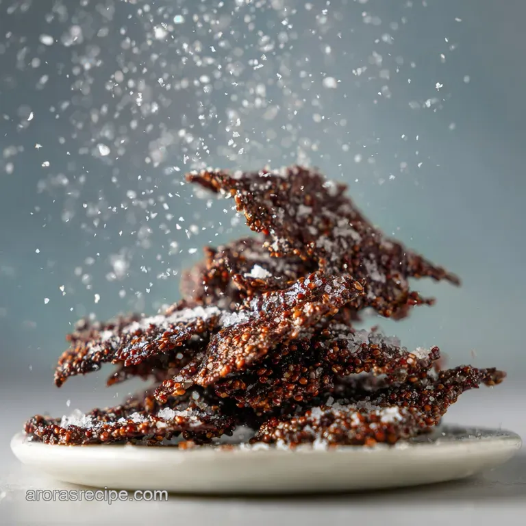 Elegant, circular dark chocolate quinoa crisps artfully arranged on a clean white plate. The crisps offer a satisfying sna...