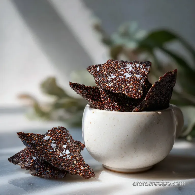 Crispy, dark chocolate crisps scattered on a rustic wooden surface, showcasing varying textures and rich, deep brown hues....