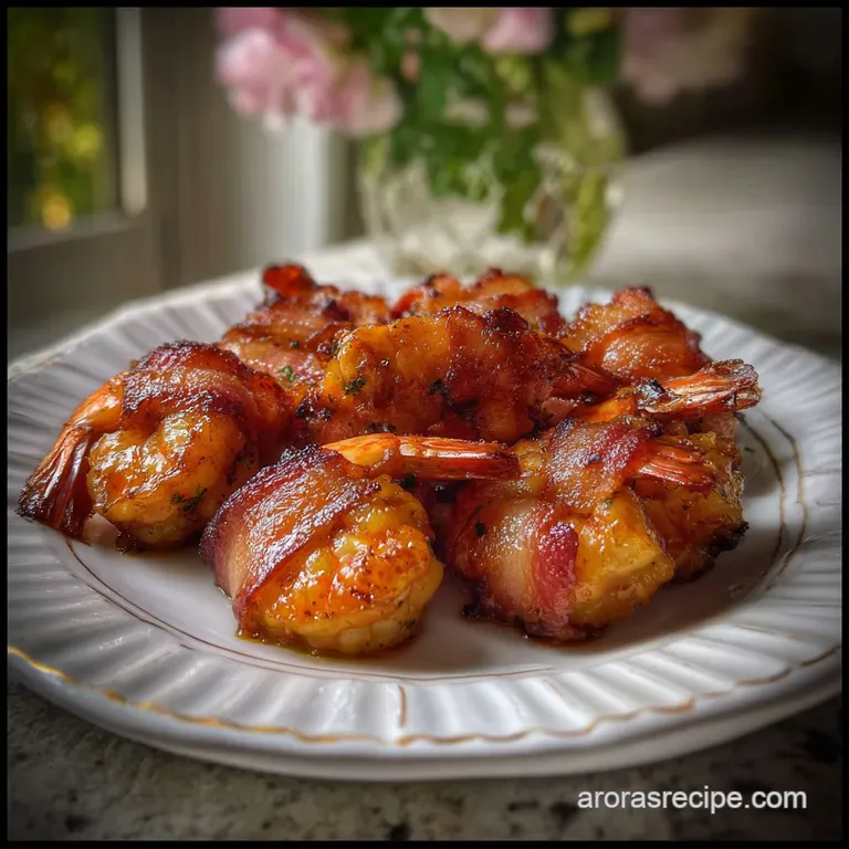 Elegant plate of smoky bacon-wrapped shrimp, the crisp bacon contrasting with the tender shrimp. Garnished with a sprig of...