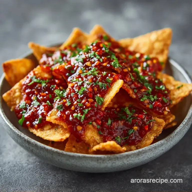 Vibrant red tortilla chips on a white plate with swirls of white cream, sliced onions, and bright green cilantro.