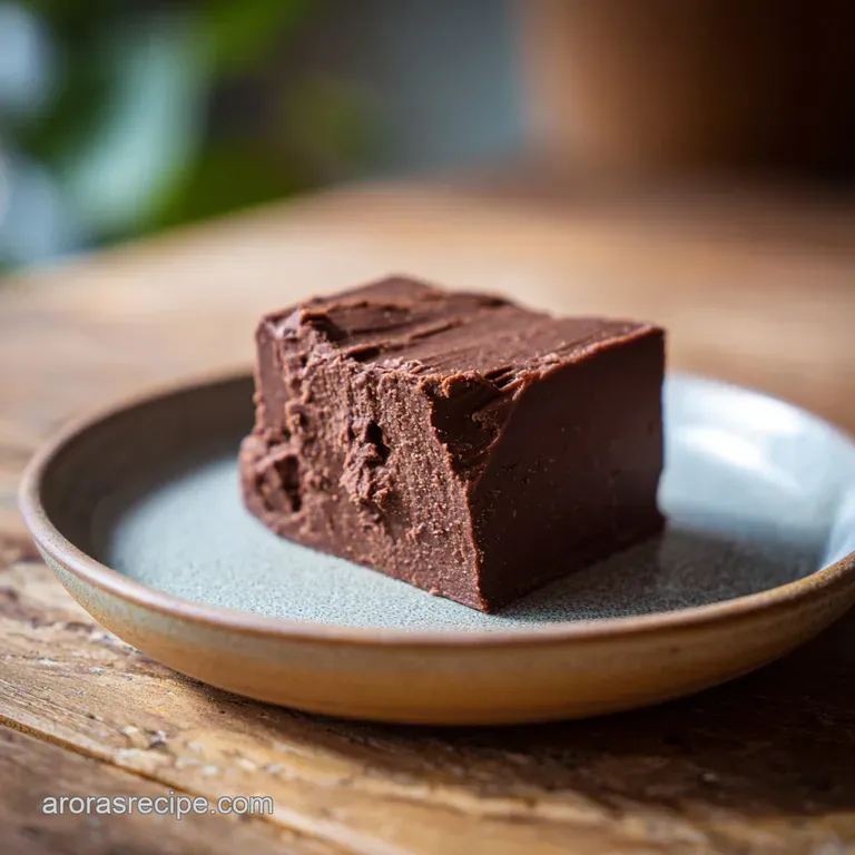 Glossy, decadent chocolate fudge square on a small white plate. Sprinkled with cocoa powder. Invitation to pure indulgence.
