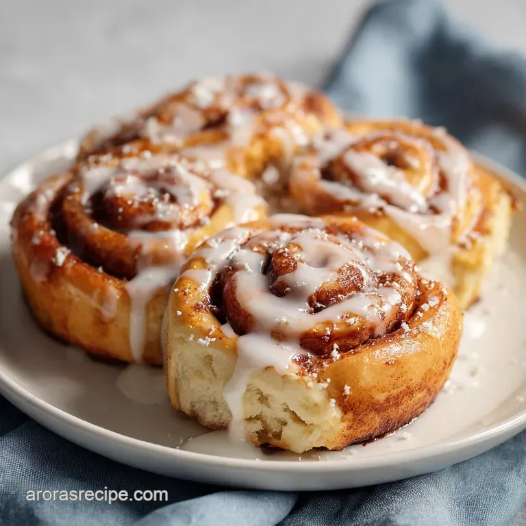 A single cinnamon roll on a plate, oozing with white glaze, its soft, layered texture visible and tempting with a sprinkli...