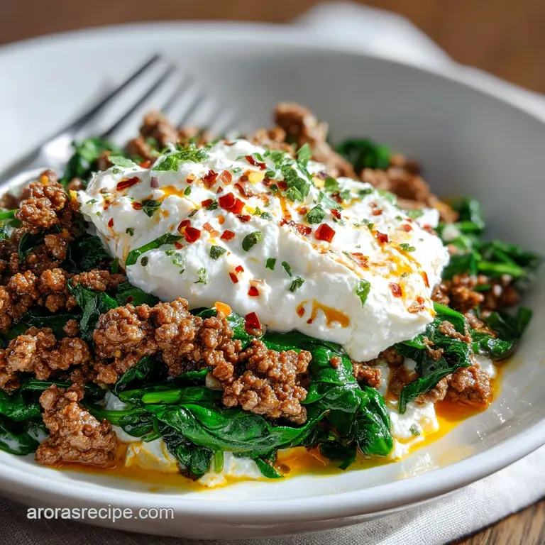 A steaming bowl of savory ground meat and creamy cottage cheese, topped with fresh herbs. Condensation rises, hinting at w...