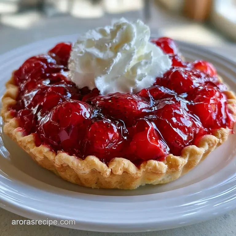 A slice of chilled strawberry tart on a white porcelain plate, garnished with a fresh mint leaf and red berries.