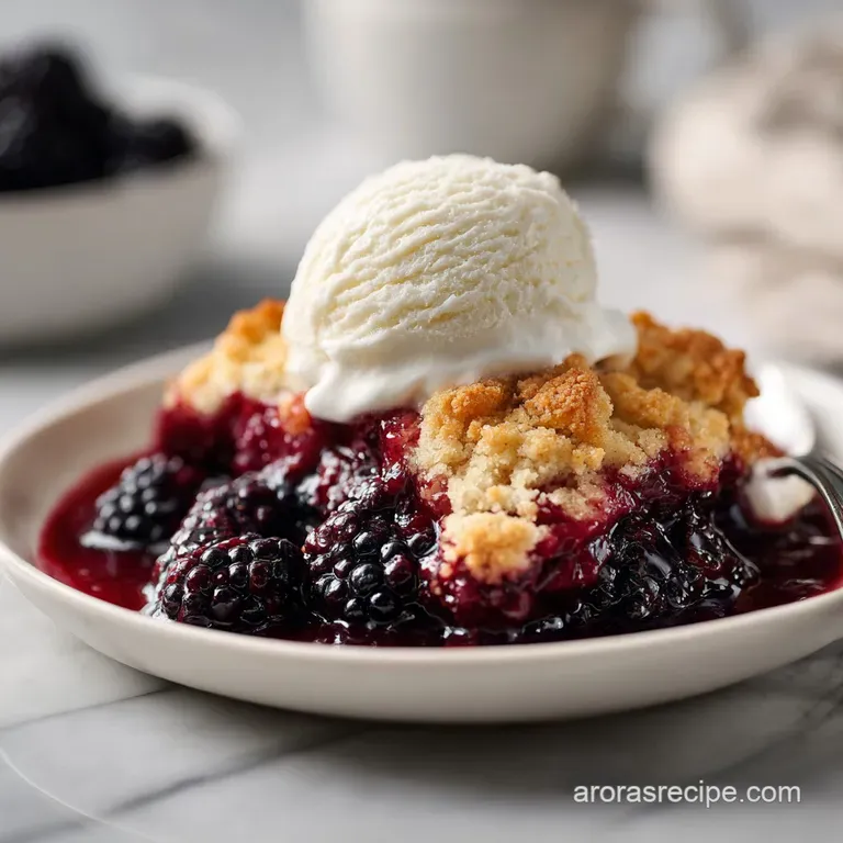 A warm scoop of blackberry cobbler, glistening with fruit juices, served with a dollop of melting vanilla ice cream.