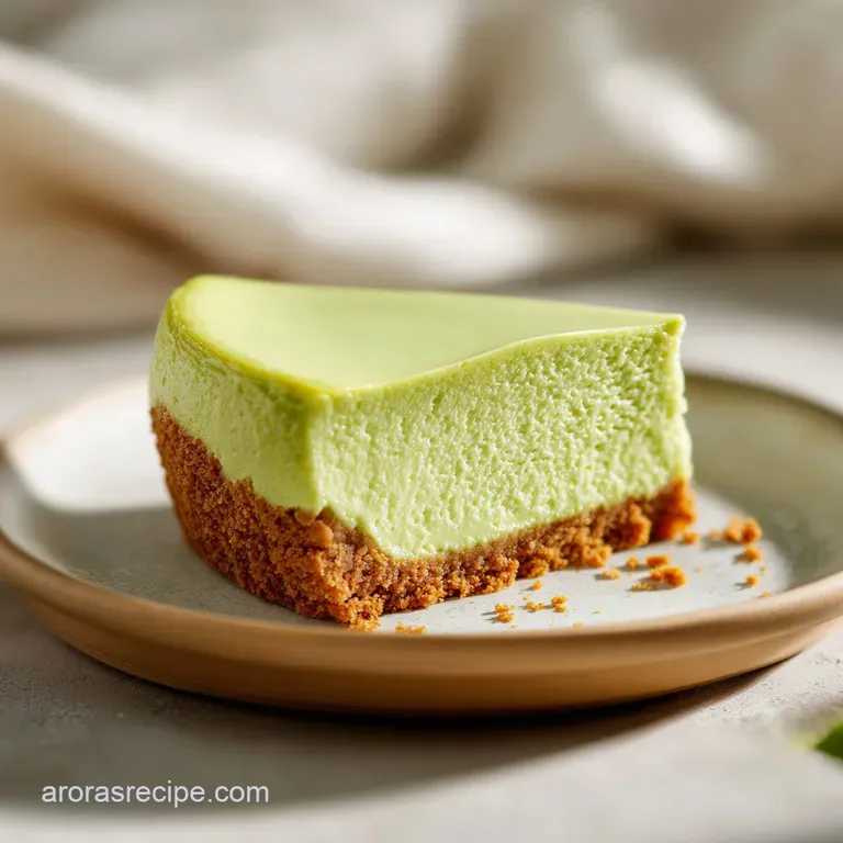 A slice of pale green cheesecake on a white porcelain plate, garnished with a swirl of cream and lime zest