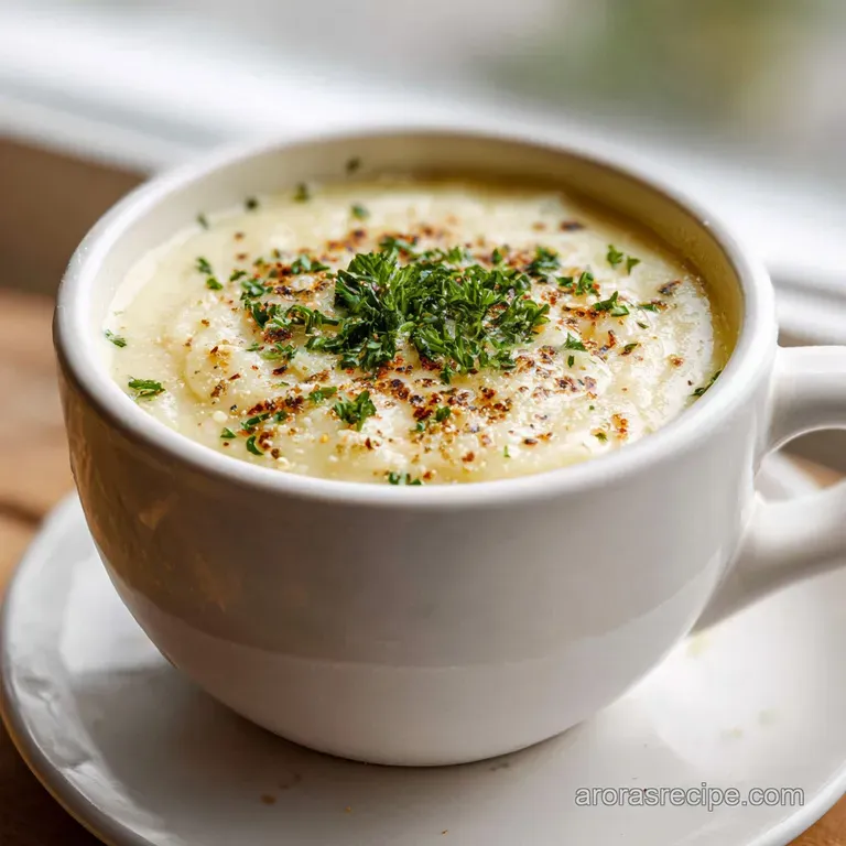 A single bowl of potato soup, garnished with parsley, sits atop a rustic wooden table with a sprig of thyme nearby.