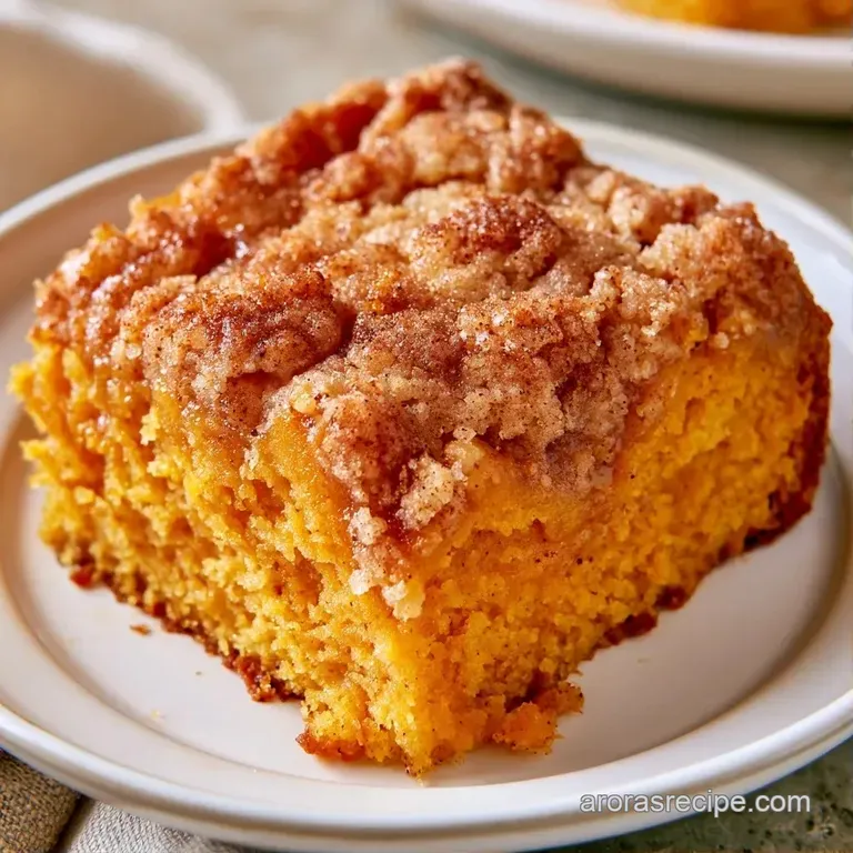A square slice of orange pumpkin cake topped with a dollop of whipped cream and a sprinkle of cinnamon powder.