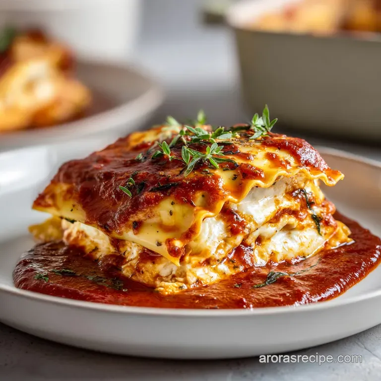 A square slice of cheesy pasta layers on a white ceramic plate, topped with a sprig of fresh green basil.