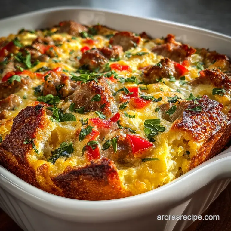 A slice of hearty sausage casserole on a plate; steam rises, revealing a rich, savory center with golden-brown cheese.