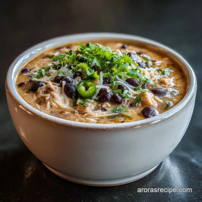 Elegant bowl of steaming white chili with a dollop of sour cream, colorful pickled onions and lime wedge garnish, hinting ...