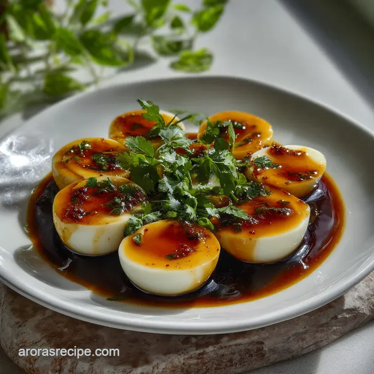 Rich mahogany-colored eggs, glistening with soy glaze, rest atop fluffy white rice. The jammy yolks offer a vibrant pop of...