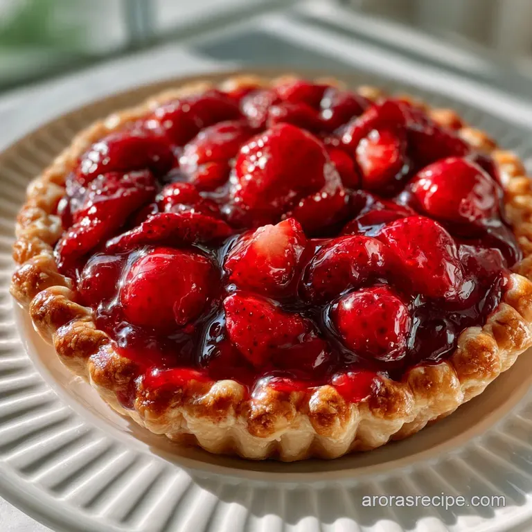 A slice of vibrant red berry pie topped with a fluffy cloud of whipped cream and a mint leaf on a white plate.