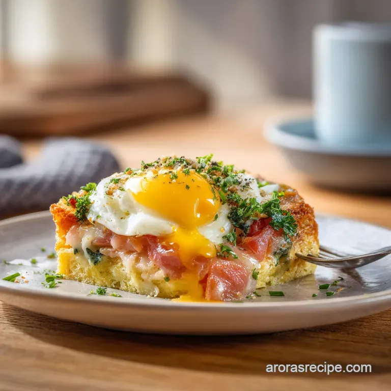 A slice of rich egg casserole on a white plate, topped with vibrant hollandaise and fresh parsley. Steamy and inviting.