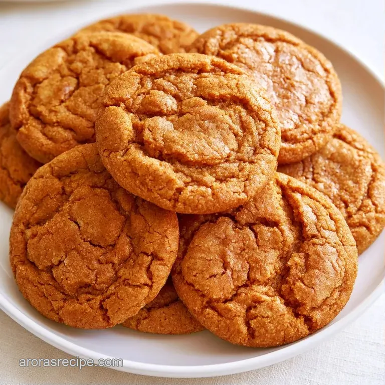 A stack of golden-brown spiced cookies on a white ceramic plate, paired with a steaming mug and a linen napkin.