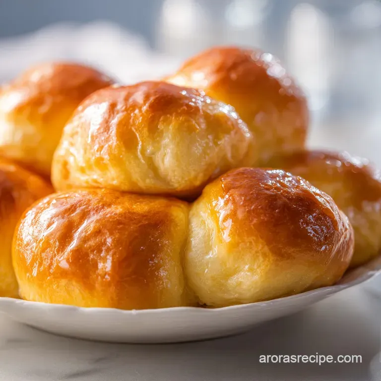 Warm, golden-brown rolls arranged on a white ceramic plate with a side of creamy butter and a sprig of parsley.
