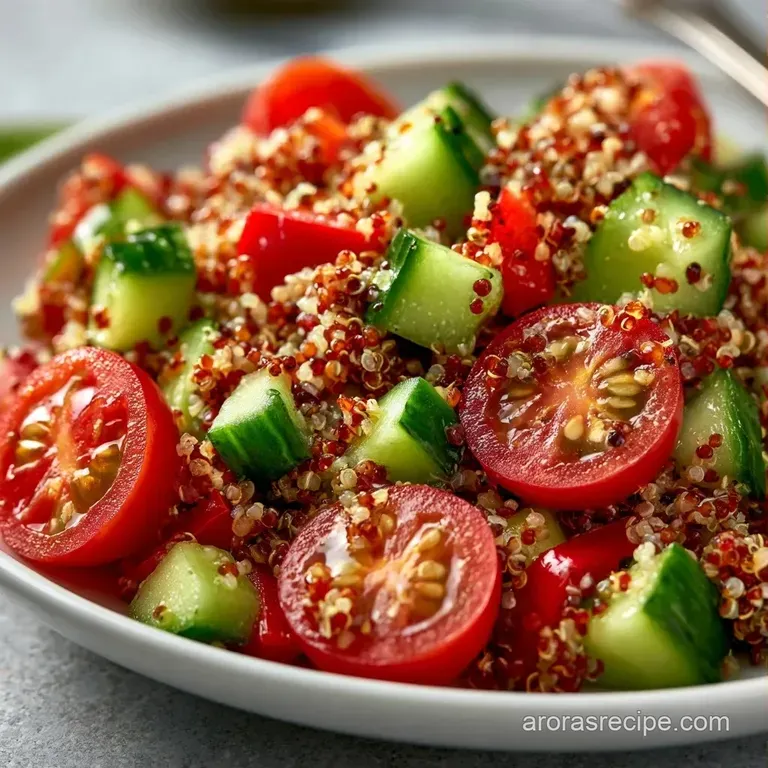 Colorful quinoa salad in a white bowl, topped with sliced cucumbers and fresh herbs on a light linen tablecloth.