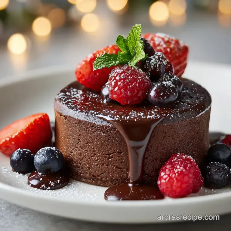 A slice of rich chocolate cake on a white plate, adorned with a swirl of whipped cream and raspberry coulis.